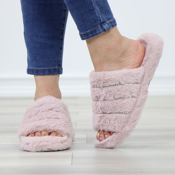 Pink Puff Fuzzy Fluffy Slip On Plush Slippers Diamond Accents - Picture 14 of 16